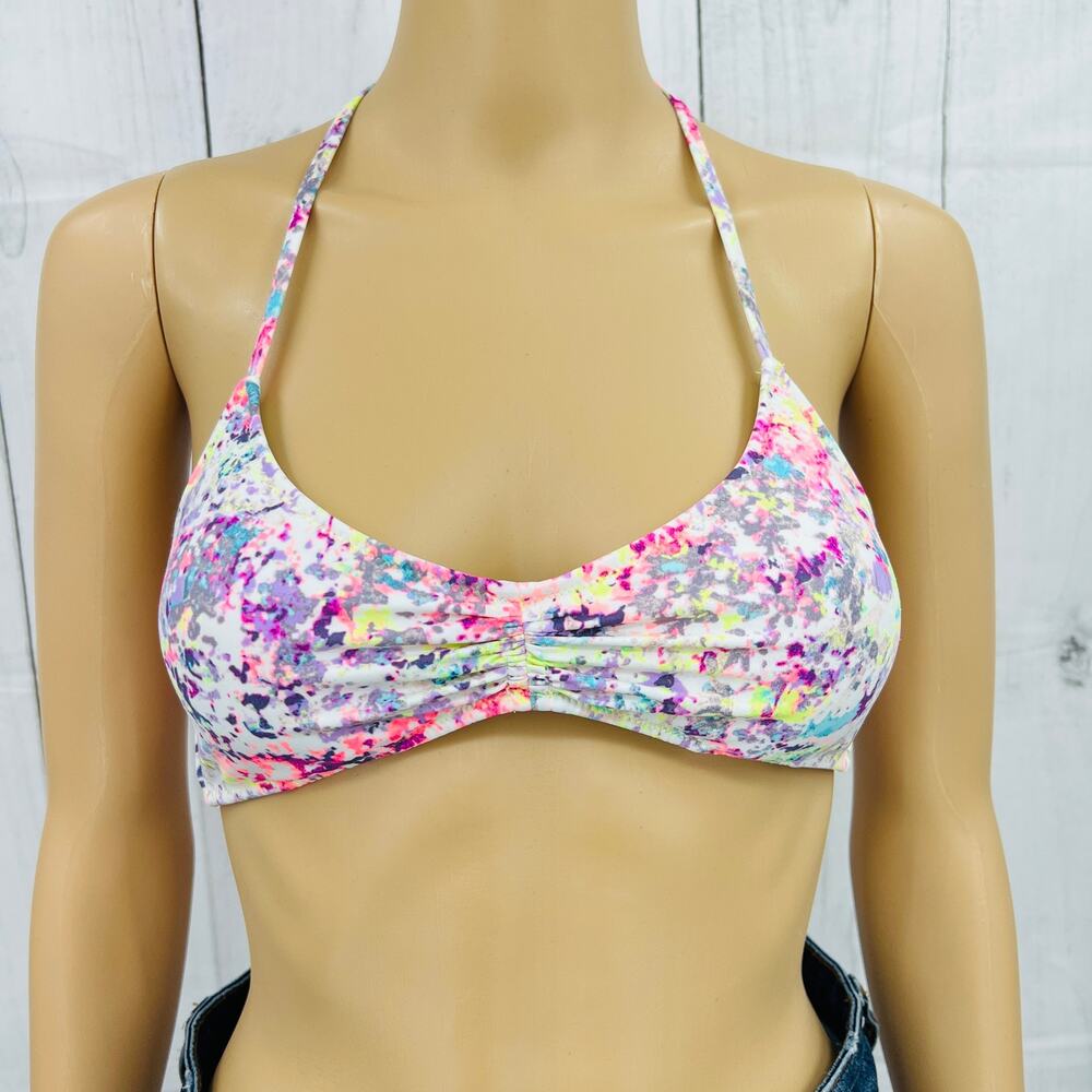 VS Victoria's Secret SMALL White Neon Paint Splatter Halter Neck Tie Bikini Top